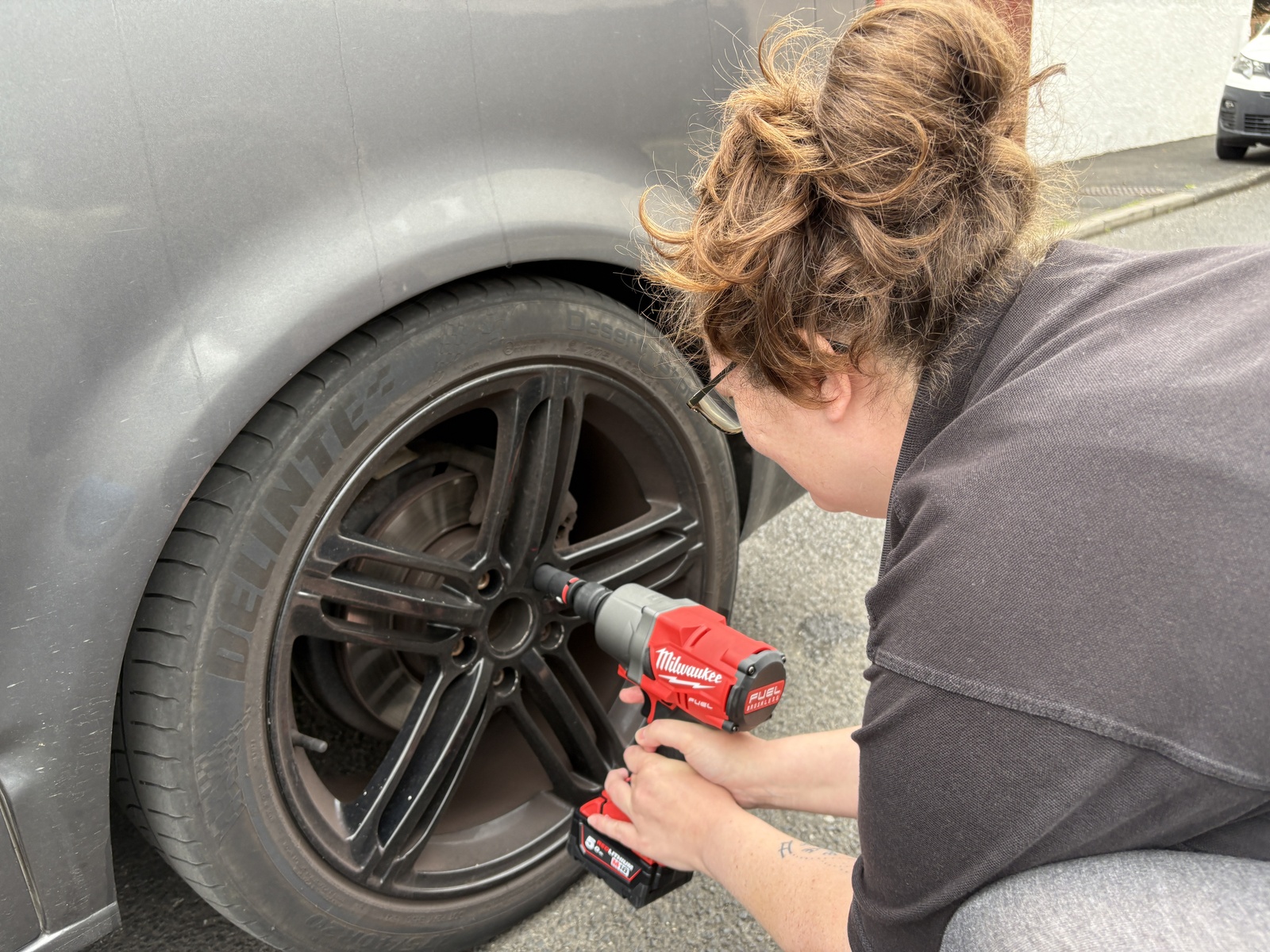 Van 001 build detail — wheel and torque wrench